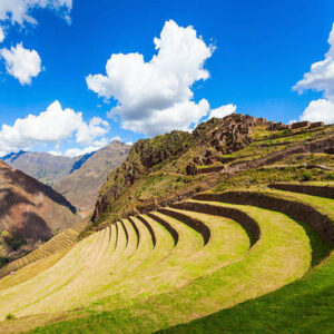 Inca terraces in Pisac. It is a Peruvian village in the Sacred Valley.